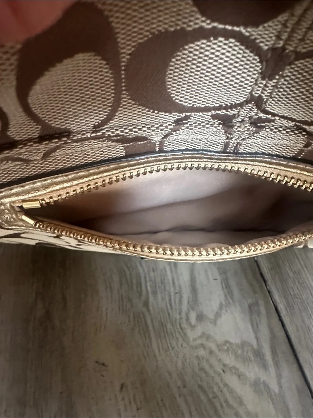 Coach Signature C Penelope Jacquard Logo Gold Leather Trim & Coach Cherry Charm